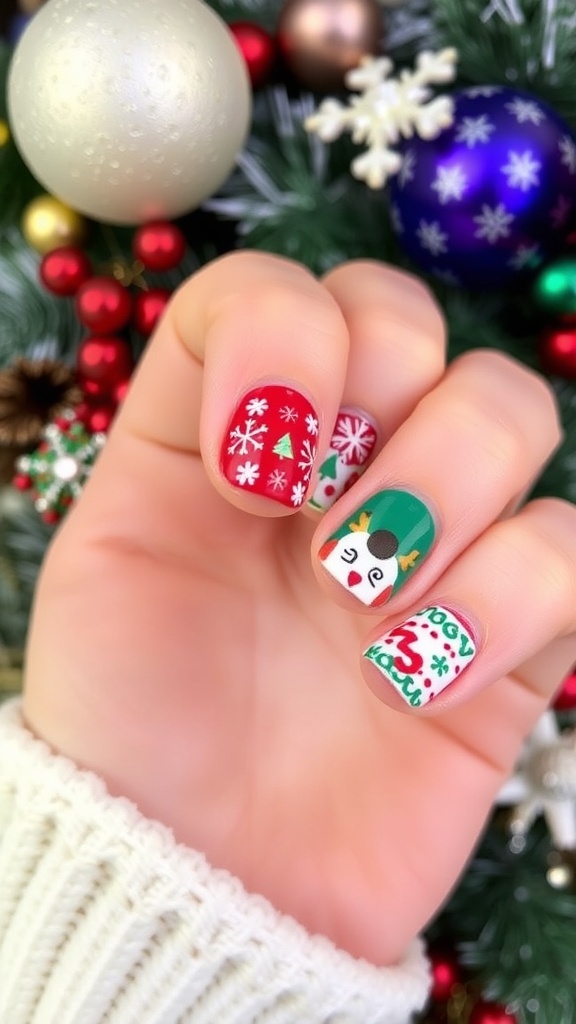 Christmas ugly sweater nail art with festive patterns and colors.